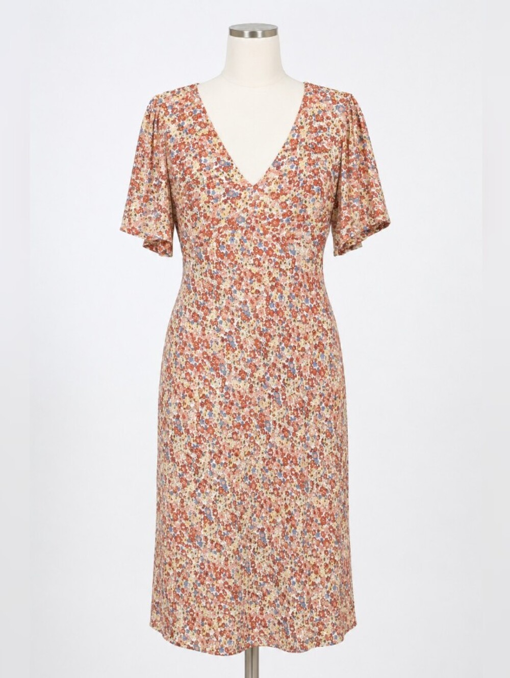 Rails Floral V-Neck Midi Dress Women's Size M Blue Rust Short Bell Sleeve